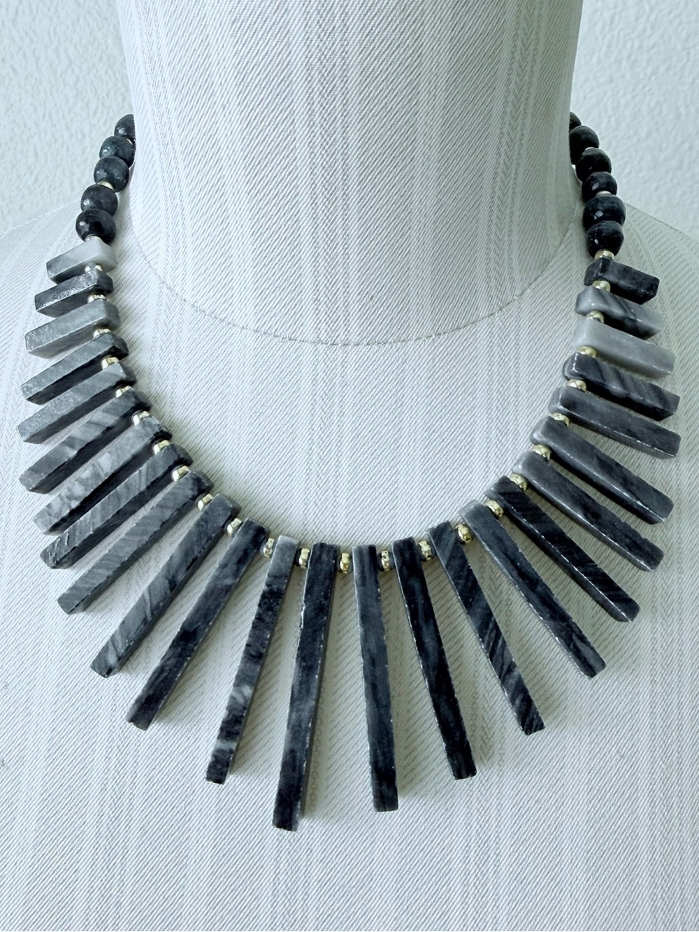 Vintage Genuine Zebra Jasper Stone Fringe Statement Bib Necklace Gray Beaded